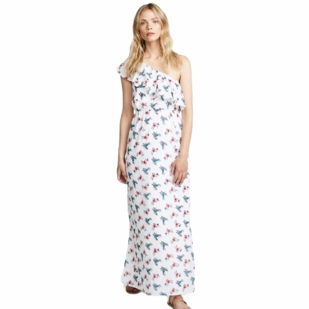 Club Monaco Silk Floral Ruffle  One Shoulder White Maxi Kellbee Dress X-Small